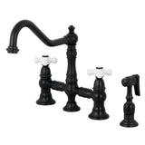 Restoration Two-Handle 4-Hole Deck Mount Bridge Kitchen Faucet with Brass Side Sprayer