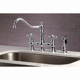 Restoration Two-Handle 4-Hole Deck Mount Bridge Kitchen Faucet with Brass Side Sprayer