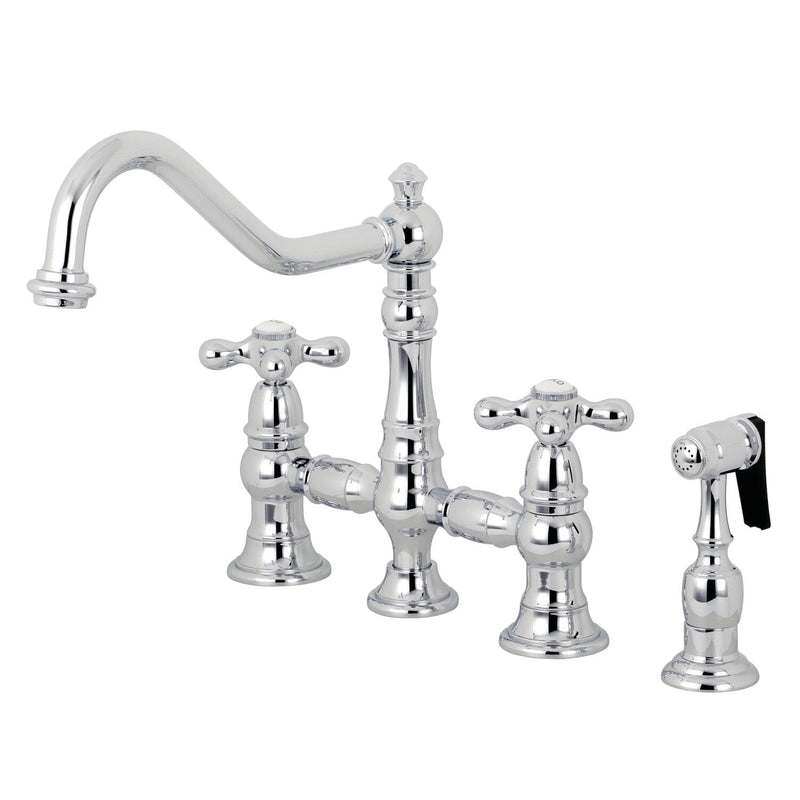 Restoration Two-Handle 4-Hole Deck Mount Bridge Kitchen Faucet with Brass Side Sprayer