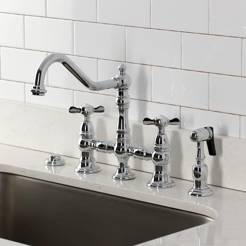Essex Two-Handle 4-Hole Deck Mount Bridge Kitchen Faucet with Brass Side Sprayer