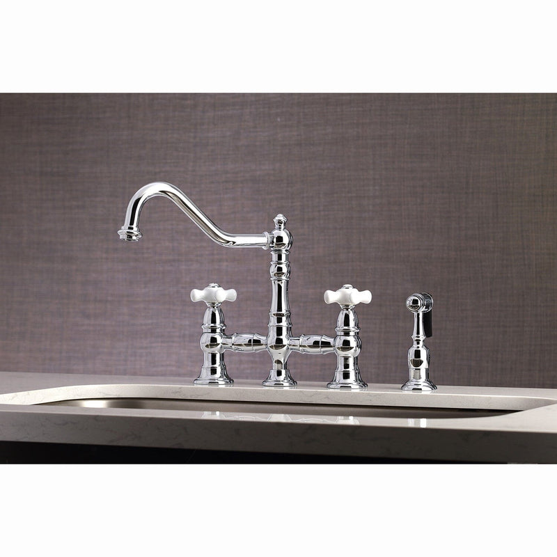 Restoration Two-Handle 4-Hole Deck Mount Bridge Kitchen Faucet with Brass Side Sprayer