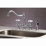 Restoration Two-Handle 4-Hole Deck Mount Bridge Kitchen Faucet with Brass Side Sprayer