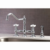 Restoration Two-Handle 4-Hole Deck Mount Bridge Kitchen Faucet with Brass Side Sprayer