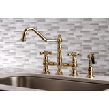 Restoration Two-Handle 4-Hole Deck Mount Bridge Kitchen Faucet with Brass Side Sprayer