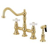 Restoration Two-Handle 4-Hole Deck Mount Bridge Kitchen Faucet with Brass Side Sprayer