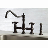 Restoration Two-Handle 4-Hole Deck Mount Bridge Kitchen Faucet with Brass Side Sprayer