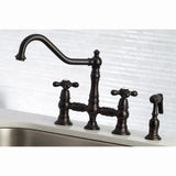 Restoration Two-Handle 4-Hole Deck Mount Bridge Kitchen Faucet with Brass Side Sprayer