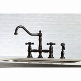 Restoration Two-Handle 4-Hole Deck Mount Bridge Kitchen Faucet with Brass Side Sprayer
