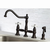 Restoration Two-Handle 4-Hole Deck Mount Bridge Kitchen Faucet with Brass Side Sprayer