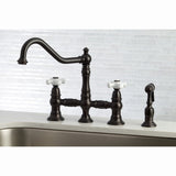 Restoration Two-Handle 4-Hole Deck Mount Bridge Kitchen Faucet with Brass Side Sprayer