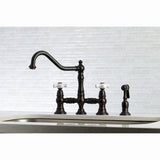 Restoration Two-Handle 4-Hole Deck Mount Bridge Kitchen Faucet with Brass Side Sprayer
