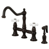 Restoration Two-Handle 4-Hole Deck Mount Bridge Kitchen Faucet with Brass Side Sprayer