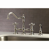 Restoration Two-Handle 4-Hole Deck Mount Bridge Kitchen Faucet with Brass Side Sprayer