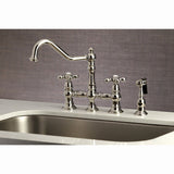 Restoration Two-Handle 4-Hole Deck Mount Bridge Kitchen Faucet with Brass Side Sprayer