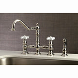 Restoration Two-Handle 4-Hole Deck Mount Bridge Kitchen Faucet with Brass Side Sprayer