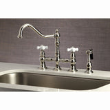 Restoration Two-Handle 4-Hole Deck Mount Bridge Kitchen Faucet with Brass Side Sprayer