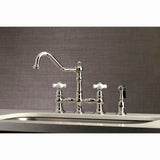 Restoration Two-Handle 4-Hole Deck Mount Bridge Kitchen Faucet with Brass Side Sprayer