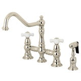 Restoration Two-Handle 4-Hole Deck Mount Bridge Kitchen Faucet with Brass Side Sprayer