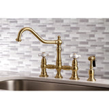Restoration Two-Handle 4-Hole Deck Mount Bridge Kitchen Faucet with Brass Side Sprayer