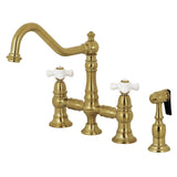 Restoration Two-Handle 4-Hole Deck Mount Bridge Kitchen Faucet with Brass Side Sprayer