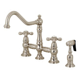 Restoration Two-Handle 4-Hole Deck Mount Bridge Kitchen Faucet with Brass Side Sprayer