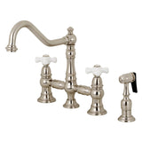 Restoration Two-Handle 4-Hole Deck Mount Bridge Kitchen Faucet with Brass Side Sprayer