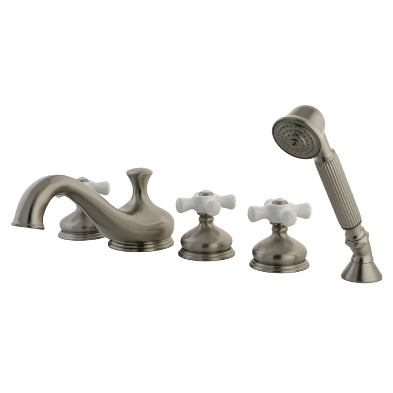 Three-Handle 5-Hole Deck Mount Roman Tub Faucet with Hand Shower