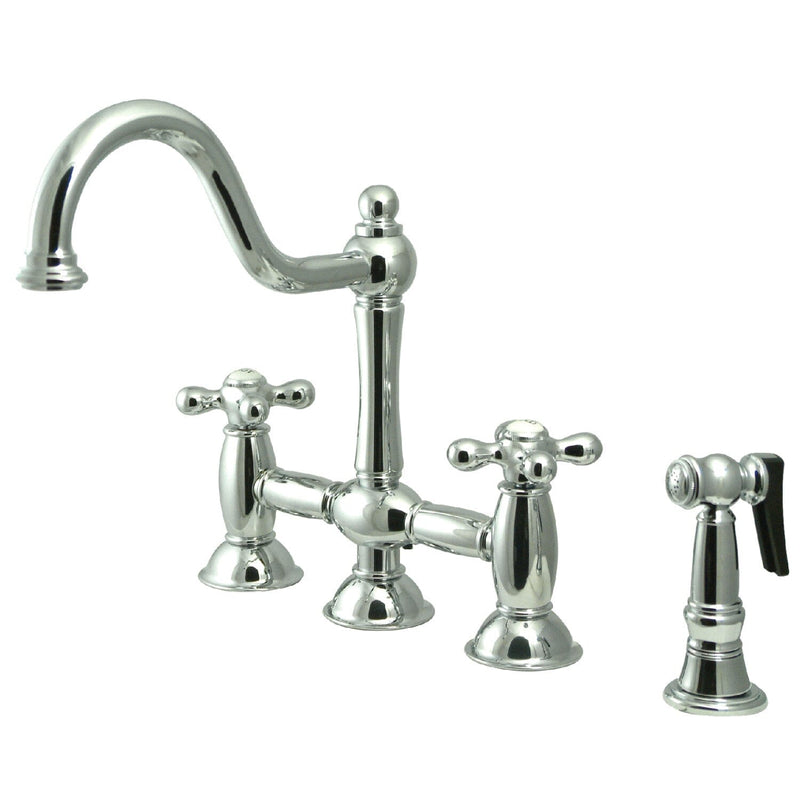 Restoration Two-Handle 4-Hole Deck Mount Bridge Kitchen Faucet with Brass Side Sprayer