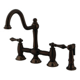 Restoration Two-Handle 4-Hole Deck Mount Bridge Kitchen Faucet with Brass Side Sprayer