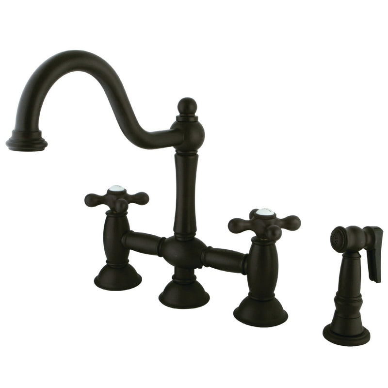 Restoration Two-Handle 4-Hole Deck Mount Bridge Kitchen Faucet with Brass Side Sprayer
