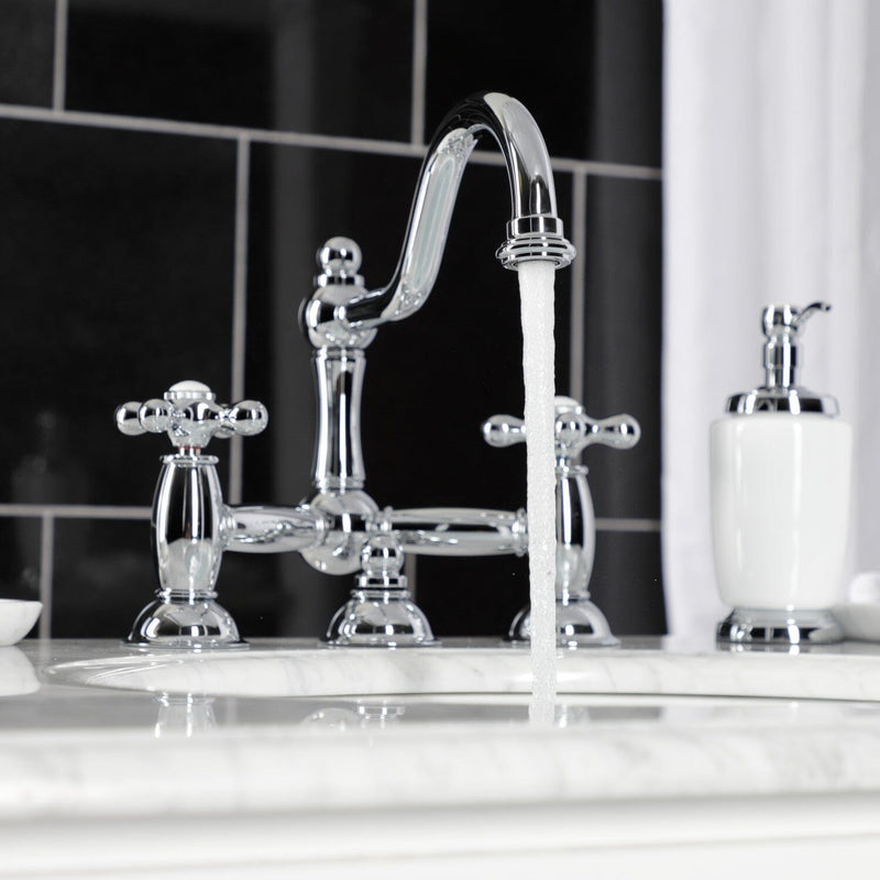 Restoration Two-Handle 3-Hole Deck Mount Bridge Bathroom Faucet with Brass Pop-Up
