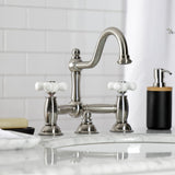 Restoration Two-Handle 3-Hole Deck Mount Bridge Bathroom Faucet with Brass Pop-Up