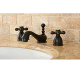 Restoration Two-Handle 3-Hole Deck Mount Mini-Widespread Bathroom Faucet with Brass Pop-Up