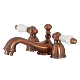 Restoration Two-Handle 3-Hole Deck Mount Mini-Widespread Bathroom Faucet with Brass Pop-Up