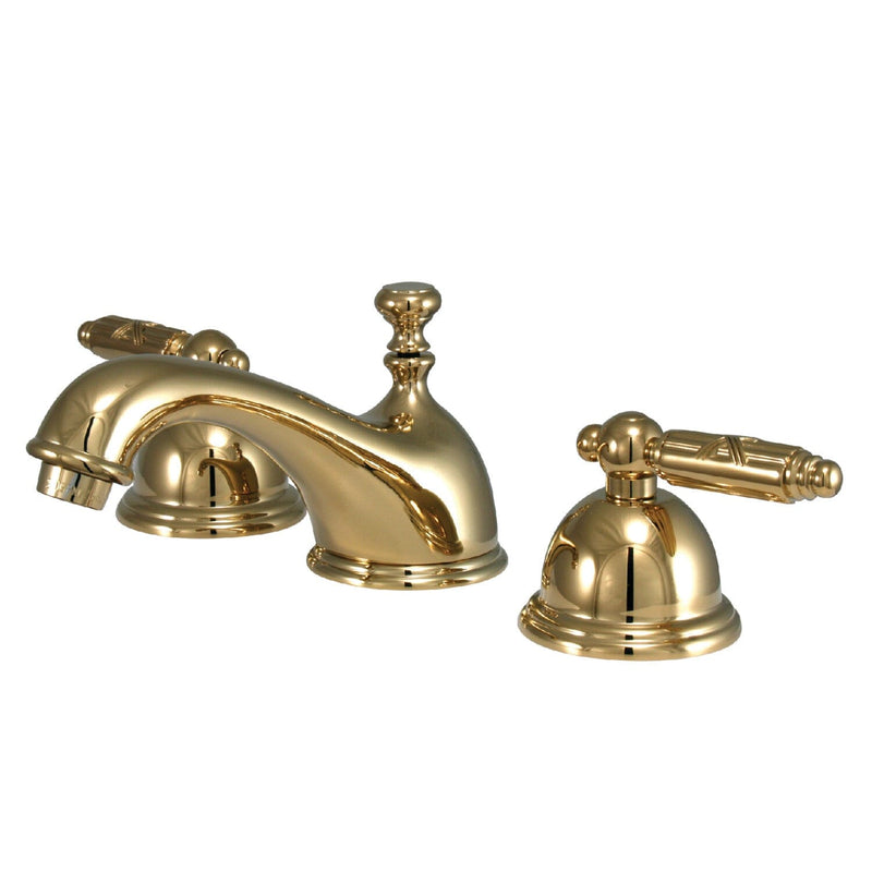 Georgian Two-Handle 3-Hole Deck Mount Widespread Bathroom Faucet with Brass Pop-Up