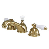 Restoration Two-Handle 3-Hole Deck Mount Widespread Bathroom Faucet with Brass Pop-Up