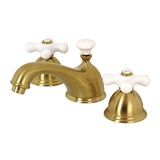 Restoration Two-Handle 3-Hole Deck Mount Widespread Bathroom Faucet with Brass Pop-Up