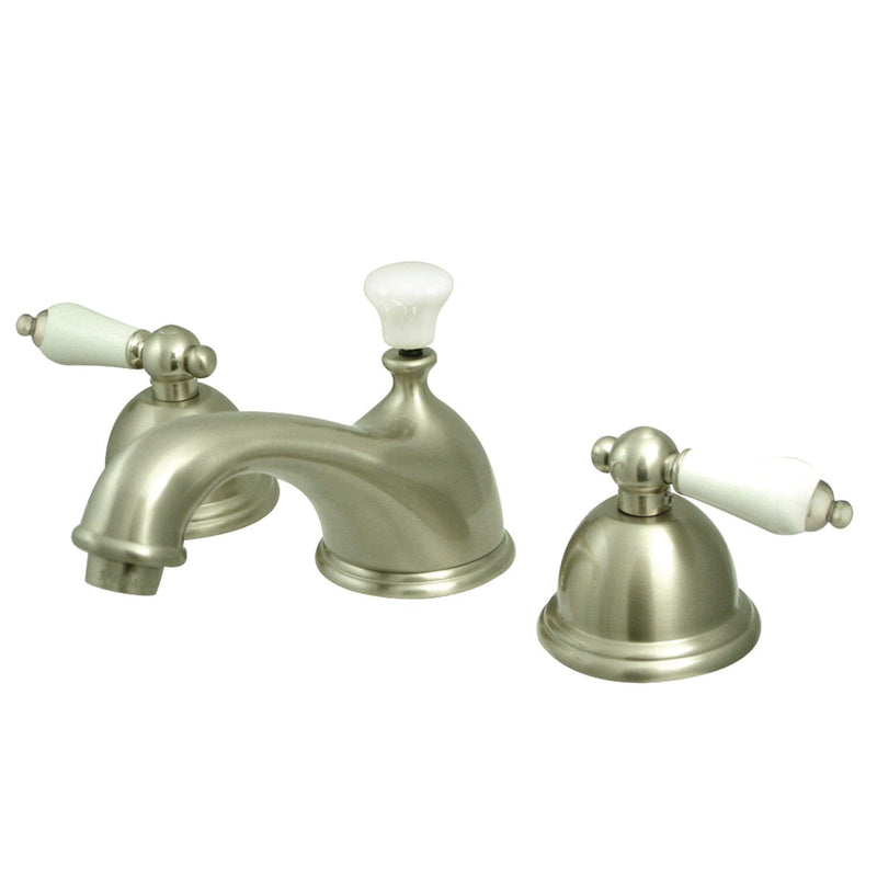 Restoration Two-Handle 3-Hole Deck Mount Widespread Bathroom Faucet with Brass Pop-Up
