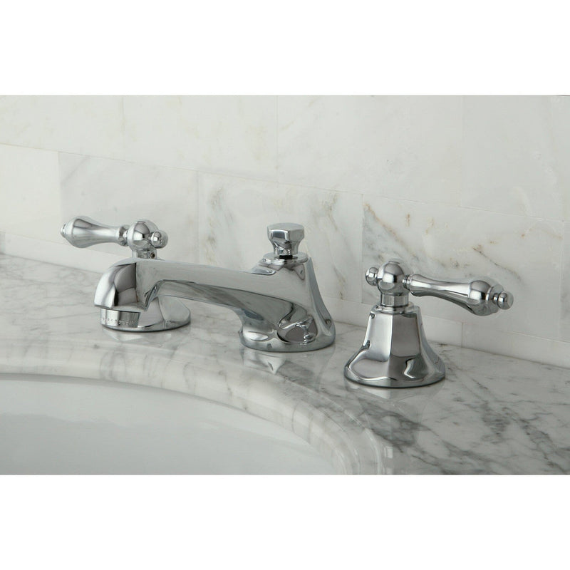 Metropolitan Two-Handle 3-Hole Deck Mount Widespread Bathroom Faucet with Brass Pop-Up