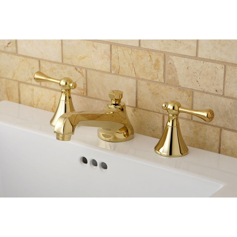 Two-Handle 3-Hole Deck Mount Widespread Bathroom Faucet with Brass Pop-Up