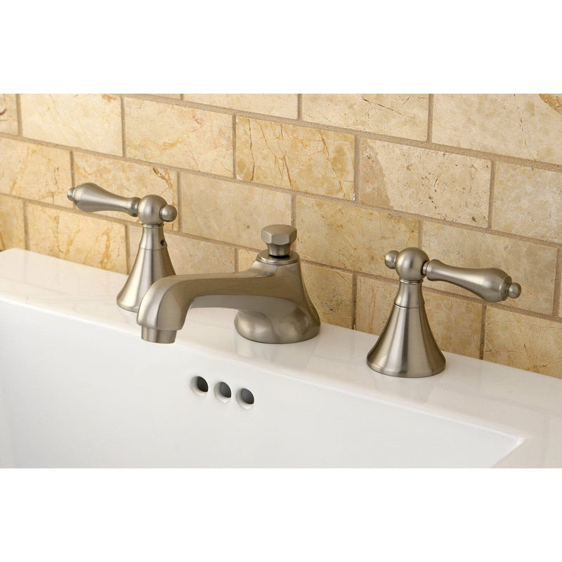 Two-Handle 3-Hole Deck Mount Widespread Bathroom Faucet with Brass Pop-Up