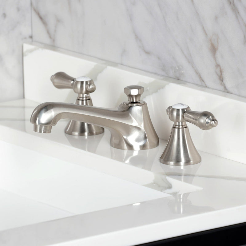 Two-Handle 3-Hole Deck Mount Widespread Bathroom Faucet with Brass Pop-Up