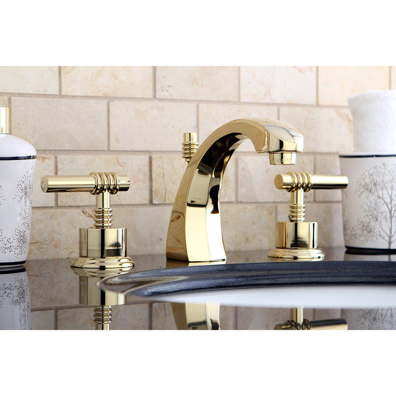 Milano Two-Handle 3-Hole Deck Mount Widespread Bathroom Faucet with Brass Pop-Up