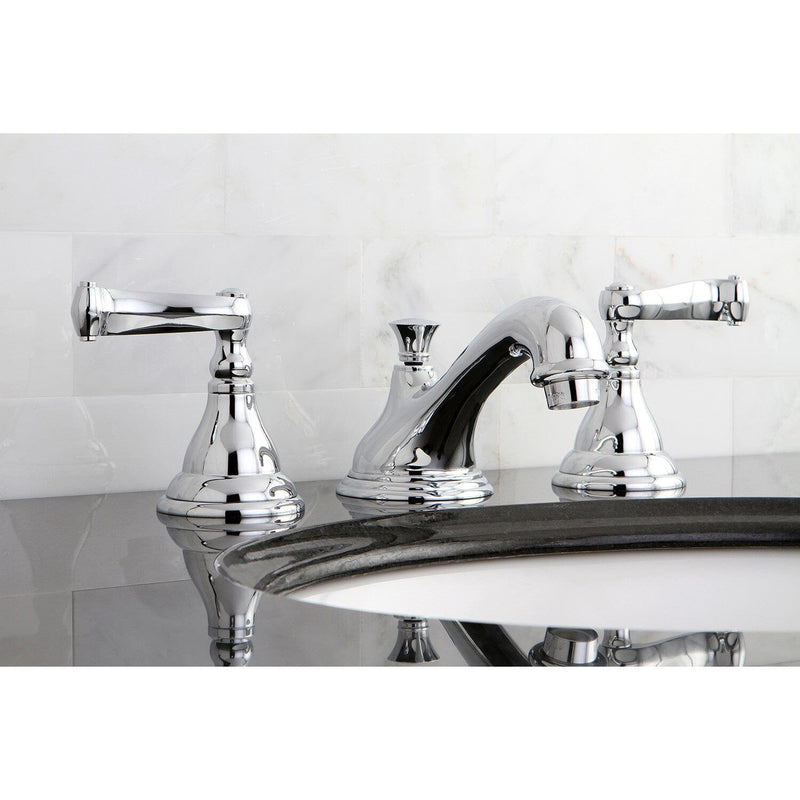 Royale Two-Handle 3-Hole Deck Mount Widespread Bathroom Faucet with Brass Pop-Up