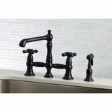 English Country Two-Handle 4-Hole Deck Mount Bridge Kitchen Faucet with Brass Sprayer