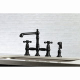 English Country Two-Handle 4-Hole Deck Mount Bridge Kitchen Faucet with Brass Sprayer