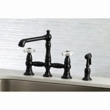 English Country Two-Handle 4-Hole Deck Mount Bridge Kitchen Faucet with Brass Sprayer