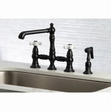 English Country Two-Handle 4-Hole Deck Mount Bridge Kitchen Faucet with Brass Sprayer
