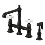 English Country Two-Handle 4-Hole Deck Mount Bridge Kitchen Faucet with Brass Sprayer