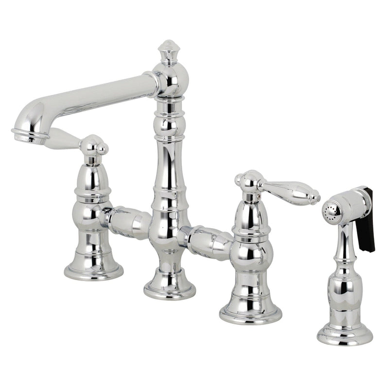 English Country Two-Handle 4-Hole Deck Mount Bridge Kitchen Faucet with Brass Side Sprayer
